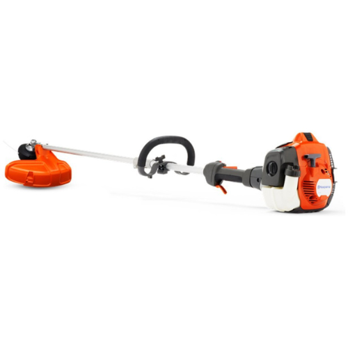 Gas-powered orange and black string trimmer with a curved shaft and ergonomic handle, designed for cutting grass and weeds effectively.