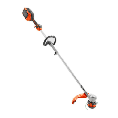 A cordless electric string trimmer with an orange and gray design. Features an ergonomic handle and visible power source, conveying efficiency.