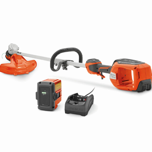Orange and gray cordless string trimmer with a curved handle. Includes a rechargeable battery and charger. Modern and efficient garden tool.