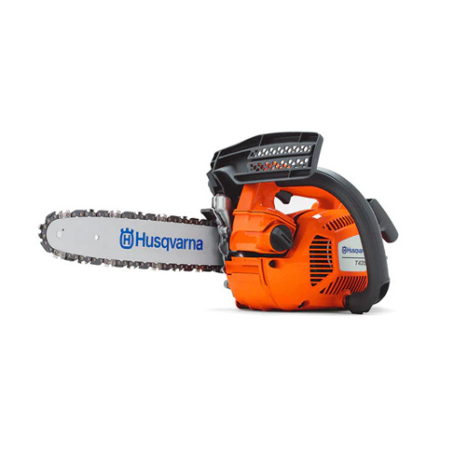Orange and gray Husqvarna chainsaw on a white background. The tool is angled to the left, showcasing its brand logo and robust design.