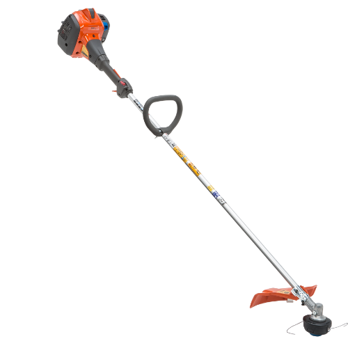 Orange and black gas-powered string trimmer with a curved handle and long metal shaft. It's designed for trimming grass and weeds efficiently.