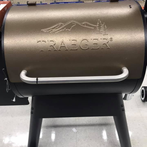 Traeger grill with a rounded lid featuring embossed mountain and tree designs. The metallic exterior and sturdy handle suggest durability.