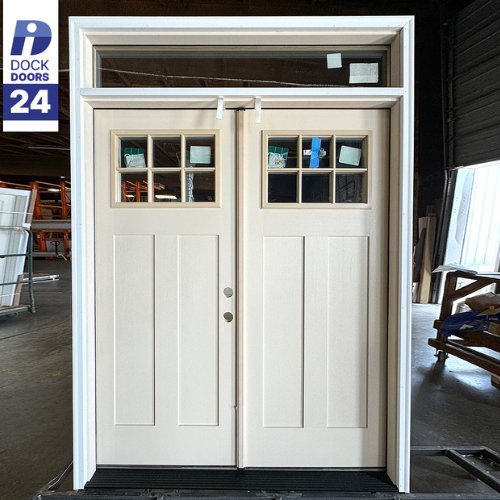 Double white doors with rectangular windows on top panels, set in a frame. Sunlight streams in from the side, casting a warm glow. Logo at top left.