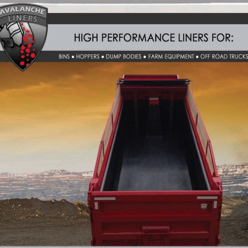 Red dump truck bed with a high-performance liner facing a scenic view of mountains at sunset. Text above lists uses: bins, hoppers, dump bodies, farm equipment, and off-road trucks. Avalanche Liners logo in the top left corner.