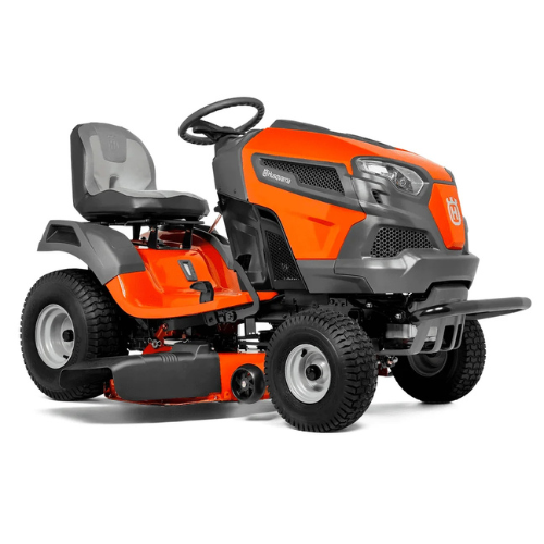 Orange and gray riding lawn mower with modern design. Features a high-backed seat, steering wheel, and robust tires, conveying power and efficiency.