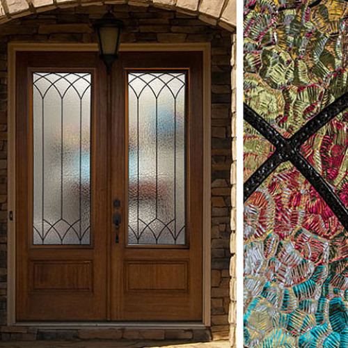 A wooden double door with textured glass panels under an archway, alongside a close-up of colorful, abstract stained glass with black accents.