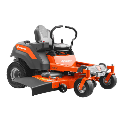Bright orange Husqvarna zero-turn lawn mower with two front caster wheels and rear drive wheels, featuring a comfortable seat and dual steering levers.