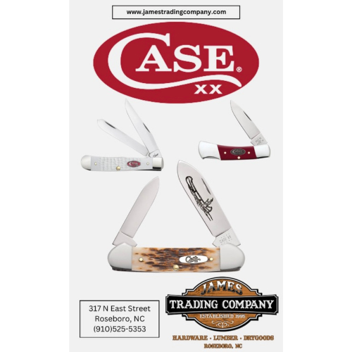 Ad for Case XX knives featuring three open folding knives with varied handle designs, set against the Case logo. Includes James Trading Company contact details in Roseboro, NC.
